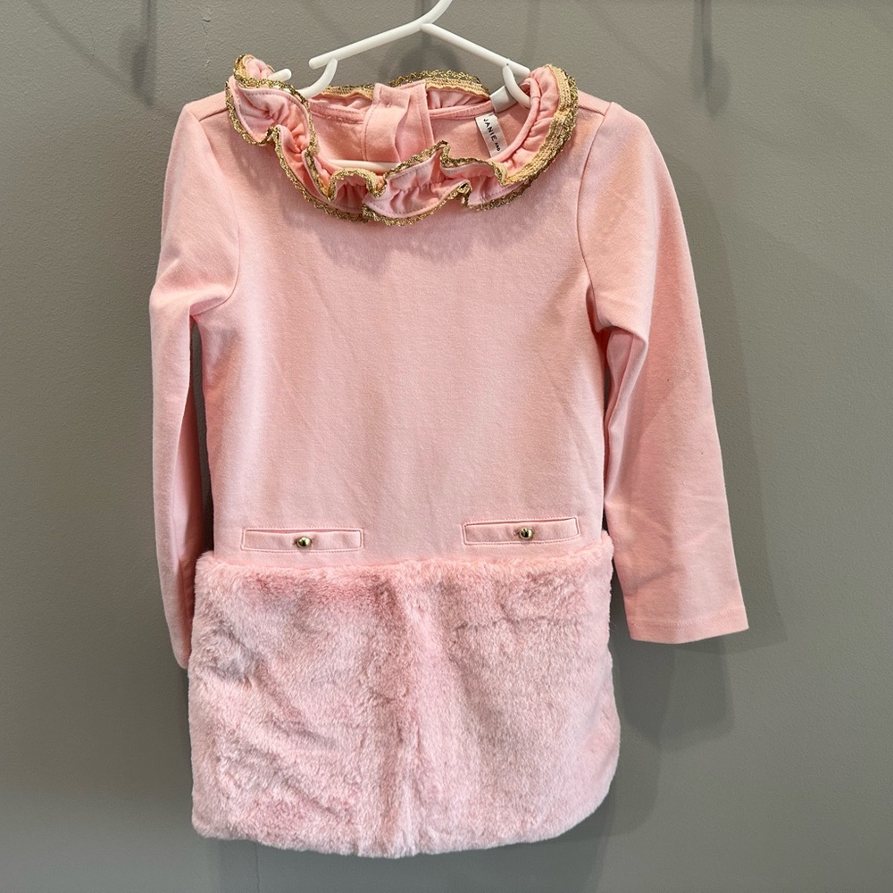 Janie and Jack Girls Pink Ruffle Collar Faux Fur Hem Dress